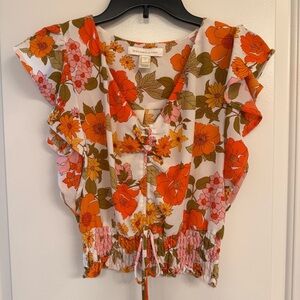 Monteau Orange and white floral Tie Front Crop Blouse backyard bbq, floral boho